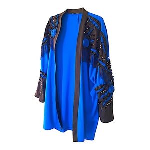 Pat & Janet Blue & Black Open Front Cotton Jacket Flowers Loop Fringe Metal Bead